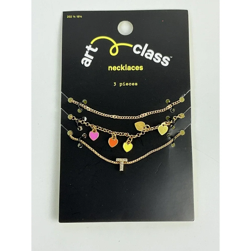 Art Class 3pc Necklace Set Gold Tone Initial T Heart Leaf Charms New‎ NWT